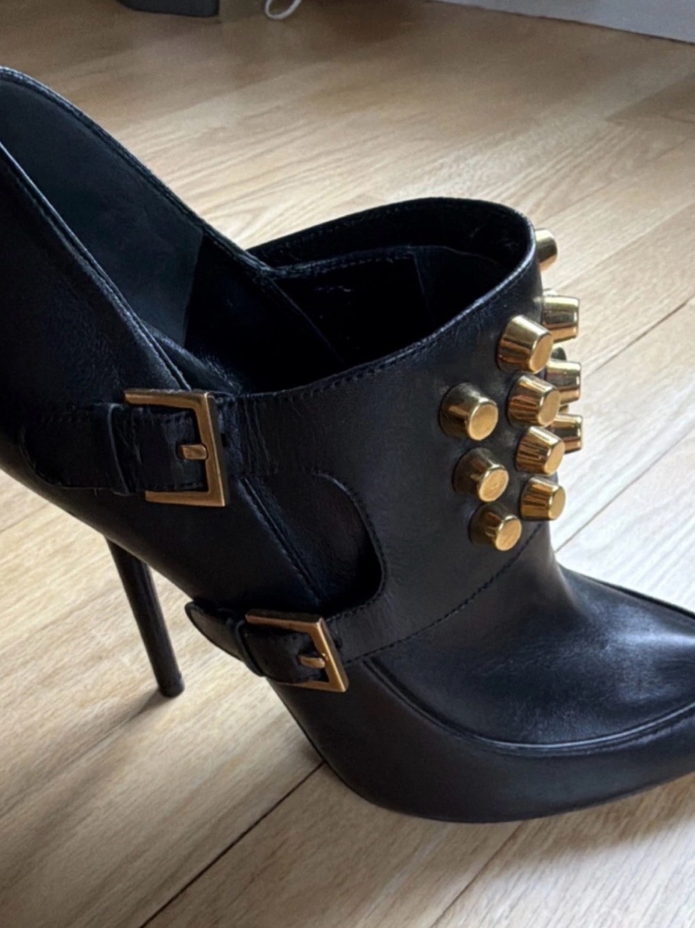 Gucci Black Leather Studded High-Heel Ankle Booties edgy, glam-rock - Picture 6 of 11